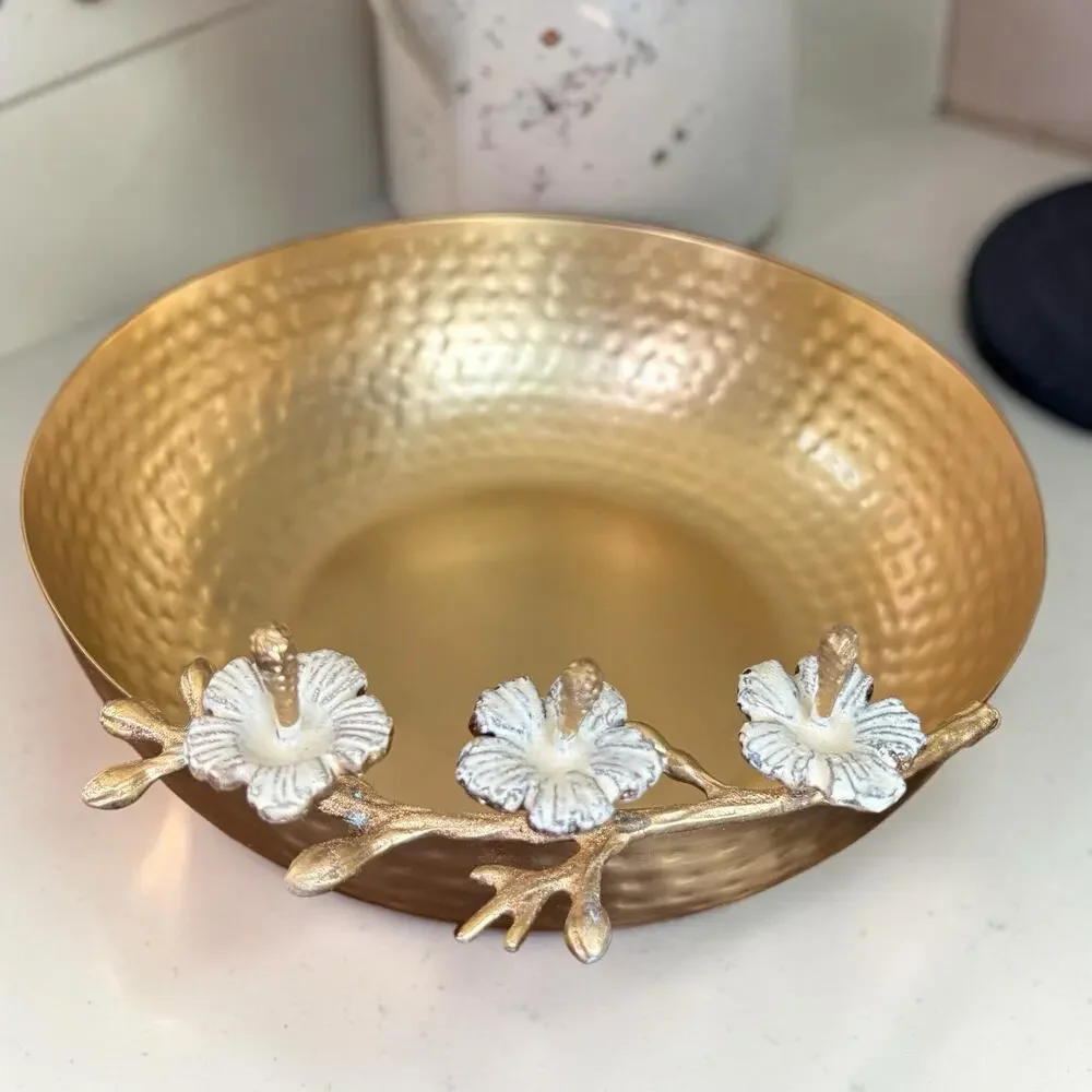 Gold Hammered Metal Serving Bowl Floral Branch Handle Centerpiece Decorative